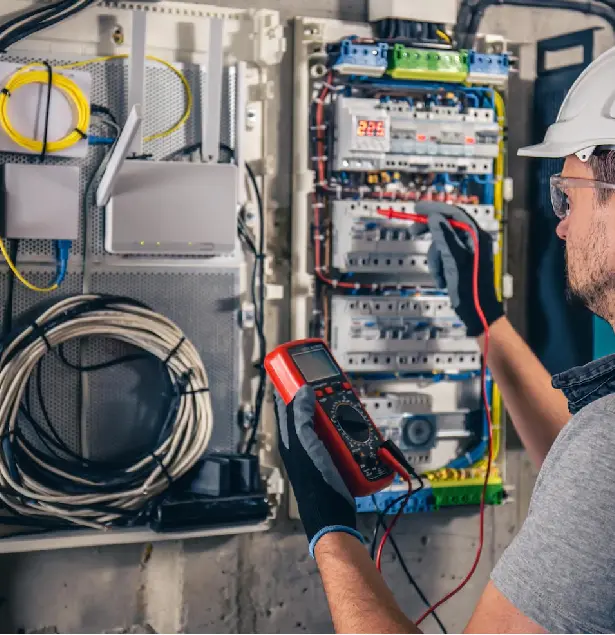 Licensed electrician testing electrical panel with multimeter during safety inspection in Melbourne
